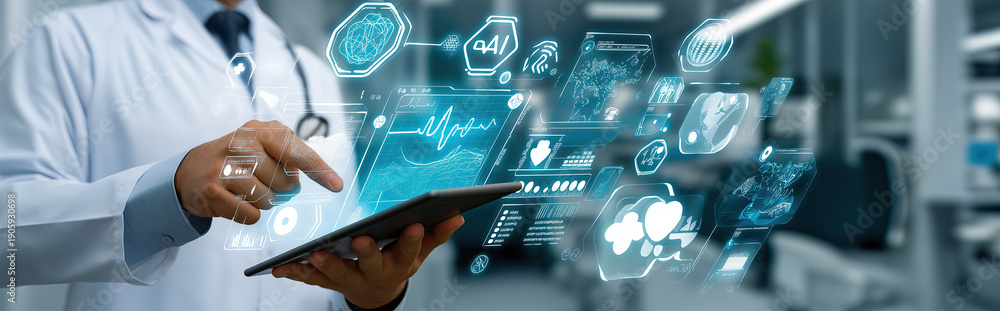 custom made wallpaper toronto digitalA physician uses a tablet beside floating medical dashboards, emphasizing digital health data, diagnostics, and innovation.