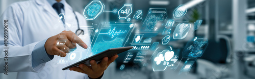 Wallpaper Mural A physician uses a tablet beside floating medical dashboards, emphasizing digital health data, diagnostics, and innovation. Torontodigital.ca