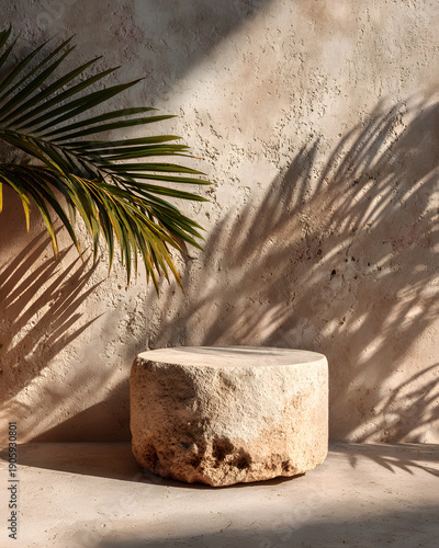 Sunlit round stone pedestal with rough bark edge against a warm plaster wall