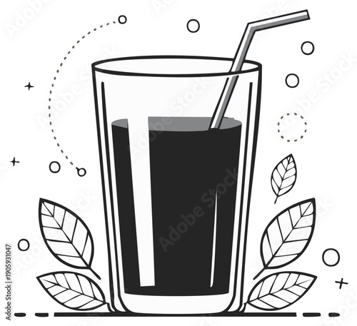 Refreshing dark beverage in a tall glass with straw and decorative leaves illustration