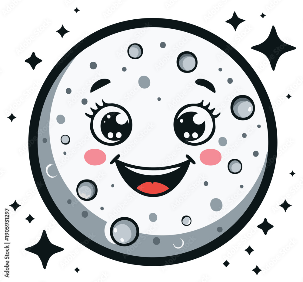 Obraz premium Whimsical Cartoon Moon Character with Sparkling Stars and Happy Grin