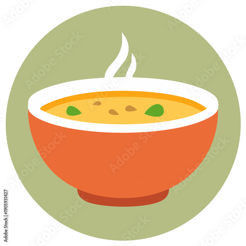 Hot steaming bowl of creamy vegetable soup with garnish flat vector icon