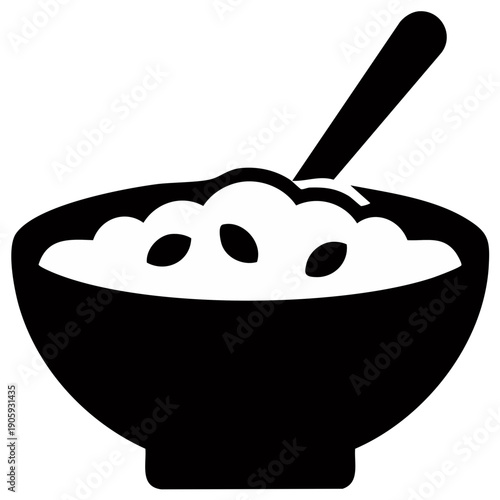 Stylized glyph of bowl with rice or porridge, featuring a spoon and visible seeds, for culinary and nutritional themes