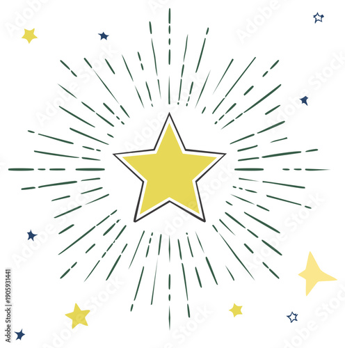 Shining yellow star with hand drawn starburst rays a simple flat vector illustration for celebration