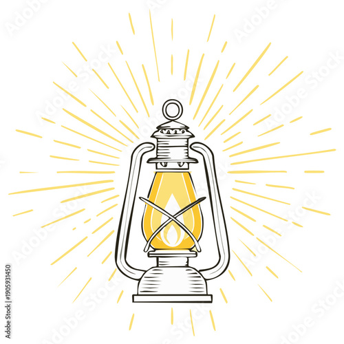 Illuminated kerosene lantern with golden flame emits radiant light, symbolizing hope, illumination and adventure on clear backdrop