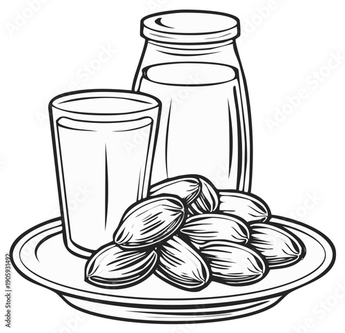 Almond milk in glass and bottle with almonds on plate, illustration.