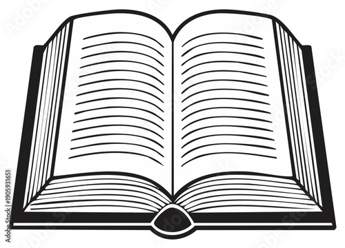 Open hardcover book with blank lined pages and thick black cover, graphic illustration