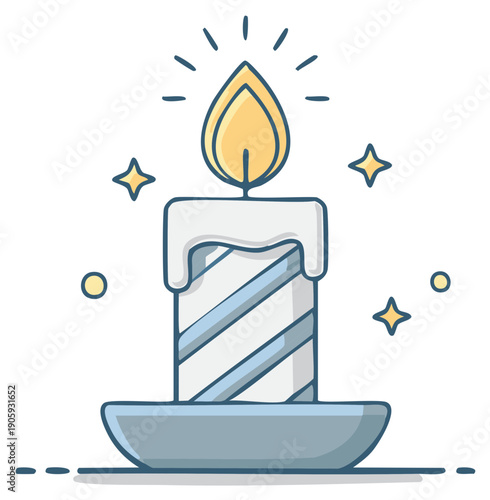 Cartoon candle burning with flame and sparkles, isolated graphic.