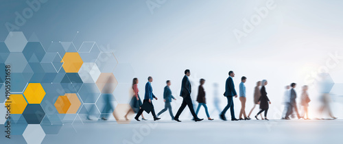 Professional business people moving forward through technological hexagon pattern environment.