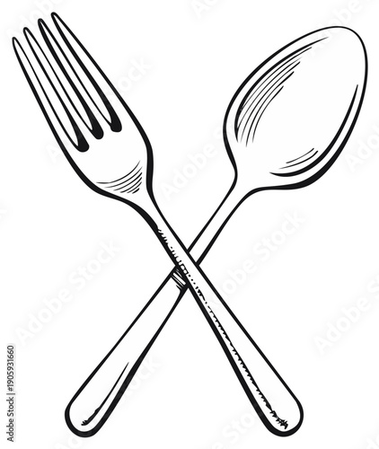 Black and White Engraved Style Fork and Spoon Crossed Utensils for Dining