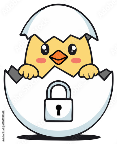 Cute yellow baby chick hatching from a protective white egg with a security padlock symbol illustration