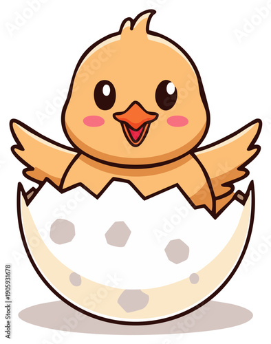 Cute chick hatching from cracked eggshell with happy expression and rosy cheeks