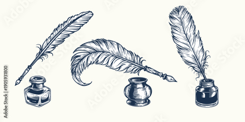 Hand drawn sketch style quill pen and inkwell set. Vintage retro etched woodcut drawings collection. Vector illustrations.