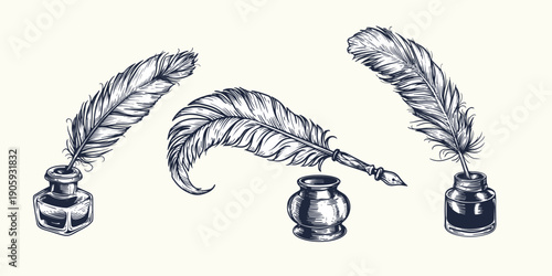 Hand drawn sketch style quill pen and inkwell set. Vintage retro etched woodcut drawings collection. Vector illustrations.