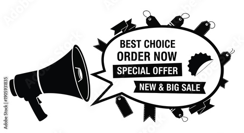 Black silhouette of a megaphone with a promotional speech bubble silhouette
