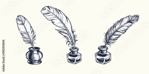 Hand drawn sketch style quill pen and inkwell set. Vintage retro etched woodcut drawings collection. Vector illustrations.