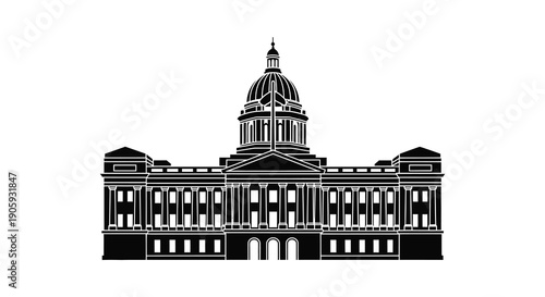 Detailed black silhouette of a capitol building with a prominent dome silhouette