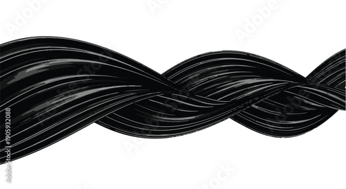 Black braided cable wire closeup on white background, electrical cord detail, modern technology concept