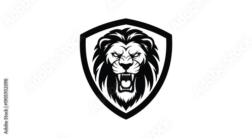 Lion head emblem within a shield shape bold graphic design silhouette
