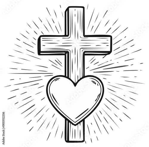 Christian Cross with Heart Symbol Radiating Light Rays Hand Drawn Illustration