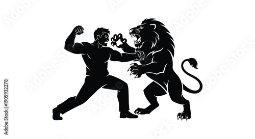 A muscular man fiercely punches a roaring lion in a dramatic silhouette