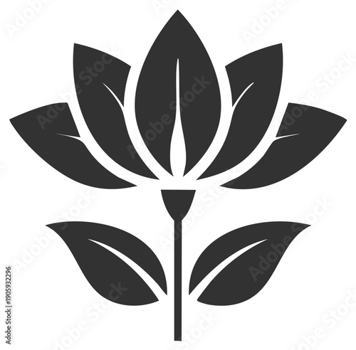 Stylized Lotus Flower Icon Silhouette with Leaves and Stem