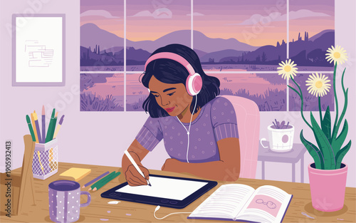 Flat vector illustration of a young woman drawing on a tablet at a cozy desk, wearing headphones, in lofi aesthetic with soft pastel colors