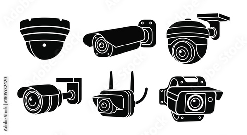 Variety of security cameras in black and white a striking silhouette