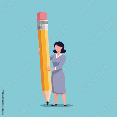 Woman Holding Large Pencil Illustration.