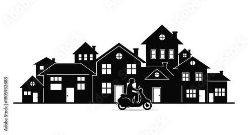 Black silhouette of a townscape with a scooter distinctly outlined silhouette