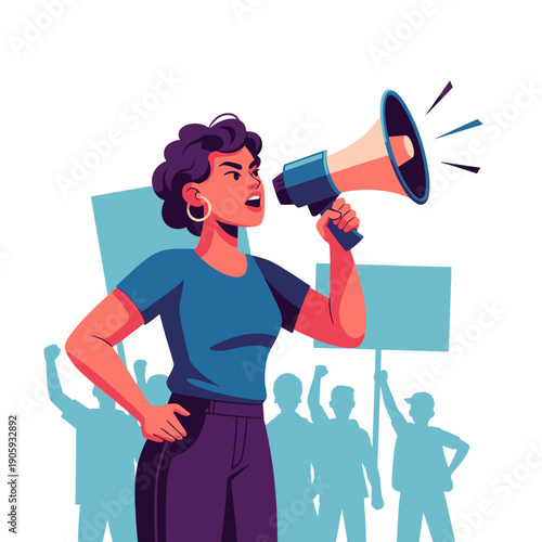 Woman Holding Megaphone Protesting.