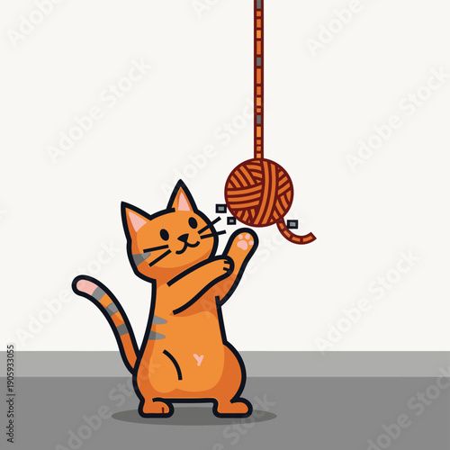 Orange Cat Playing with Yarn Ball.