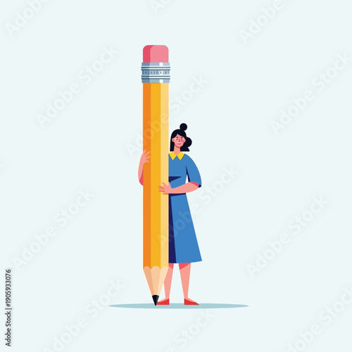 Woman Holding Oversized Pencil Illustration.
