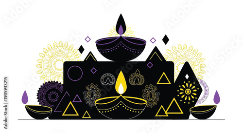 Diwali celebration with decorative lamps and floral motifs a dark silhouette