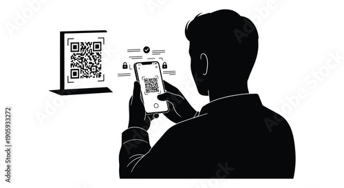 Man scanning a qr code with his phone modern technology illustration silhouette