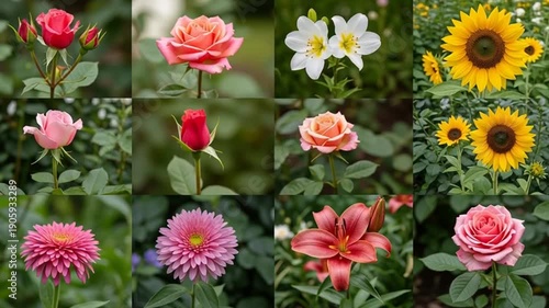 Vibrant collection of roses, lilies, and sunflowers in full bloom
