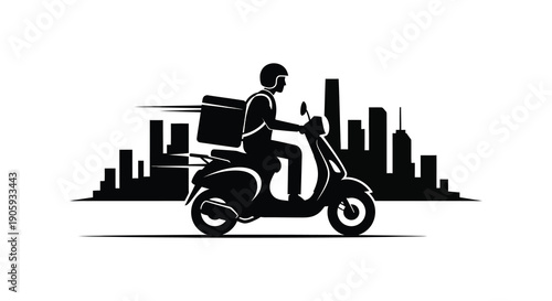 Delivery driver on a scooter against a city skyline silhouette