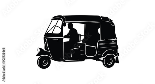 Black silhouette of a three wheeled auto rickshaw vehicle a distinctive silhouette