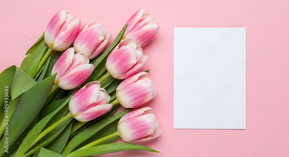 Fototapeta premium A bouquet of pink and white tulips on a pink background with a blank card