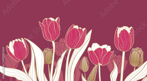 Floral red background with golden outline tulips and buds. Luxury floral template for decor, wallpaper, cards and presentations. Vector illustration.