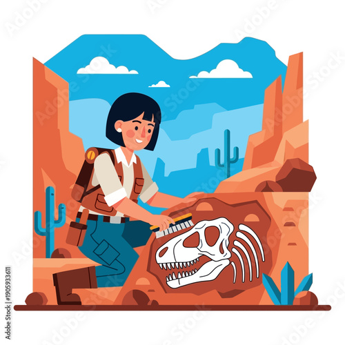 Woman Paleontologist Examining Dinosaur Fossil Remains.