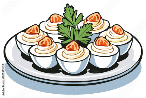 Delicious Deviled Eggs with Toppings Garnished with Fresh Parsley on a Plate