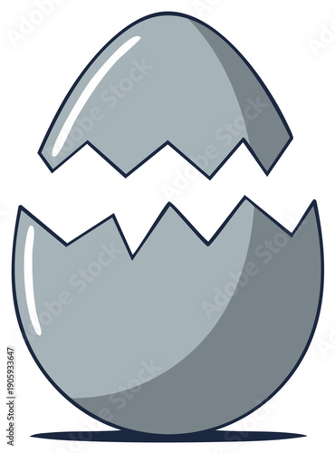 Broken eggshell illustration, gray color, concept of new life, Easter celebration.