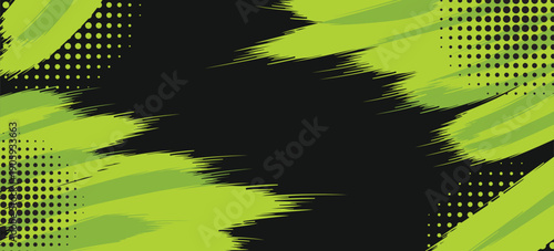 Neon green black abstract brush stroke frame background with halftone dots and copy space for gaming sports banner thumbnail and modern graphic design vector