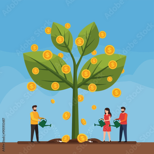 People Watering Money Tree Growth.