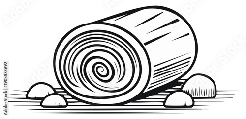 Illustration of a log with swirling pattern and small stones around, black and white vector drawing.