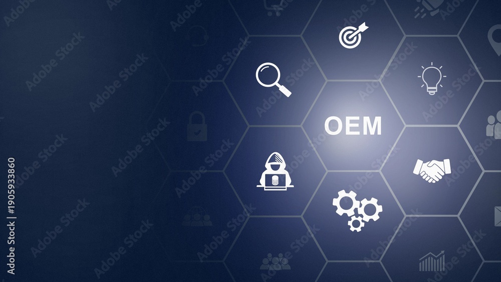 Fototapeta premium OEM-Original Equipment Manufacturer concept. Business model development that makes subsystems or parts used by other companies to make the end product. Support to reduce cost icon background animation
