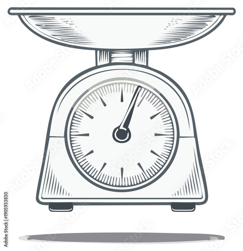 Vintage Style Kitchen Scale Illustration, Mechanical Weighing Device, Retro Culinary Tool, Food Preparation, Grey Vector Design, Weight Measurement