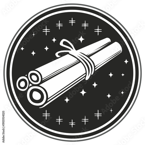 Cinnamon sticks tied with ribbon and stars illustration