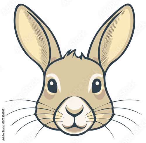 Cartoon Jackrabbit Face Front View with Detailed Fur Texture and Expressive Eyes